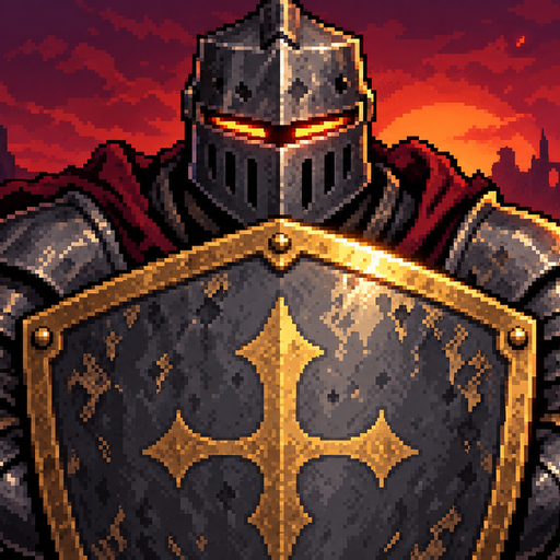 A knight in dark steel armour with glowing eyes, holding a steel and gold shield under a red dusk sky.